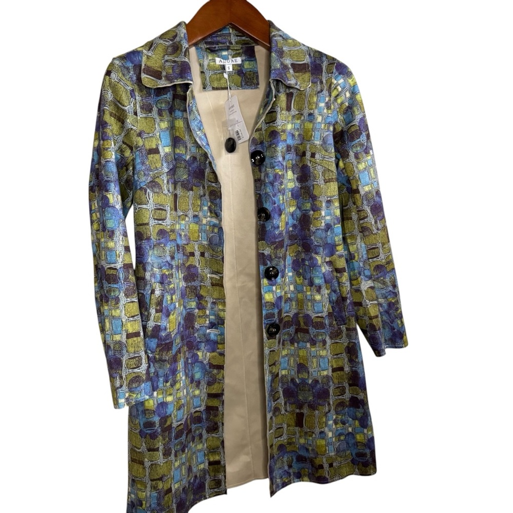 Adore Print Trench Coat Green Blue Geometric Print Size Small NWT - Picture 7 of 10
